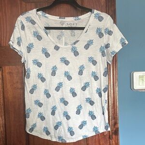 LOFT White Tee with Blue Pineapple Print